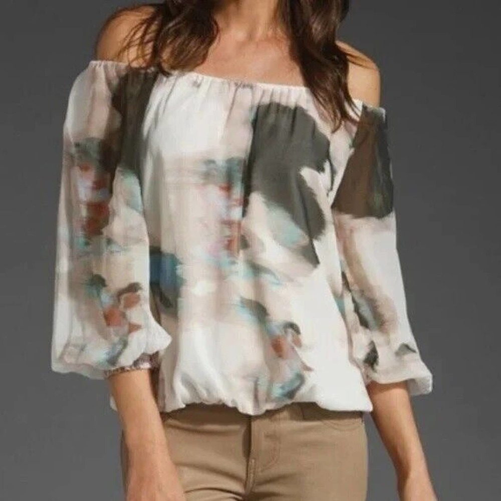 Alice + Olivia Silk Watercolor Floral Desert Oasis Top Off the Shoulder H14579 - Picture 1 of 8